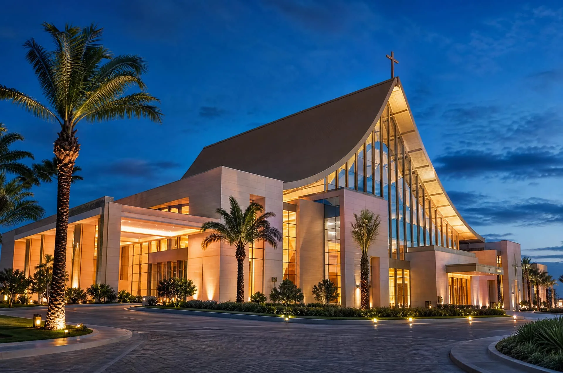 The ultra-modern PIWC Trasacco church complex at dusk